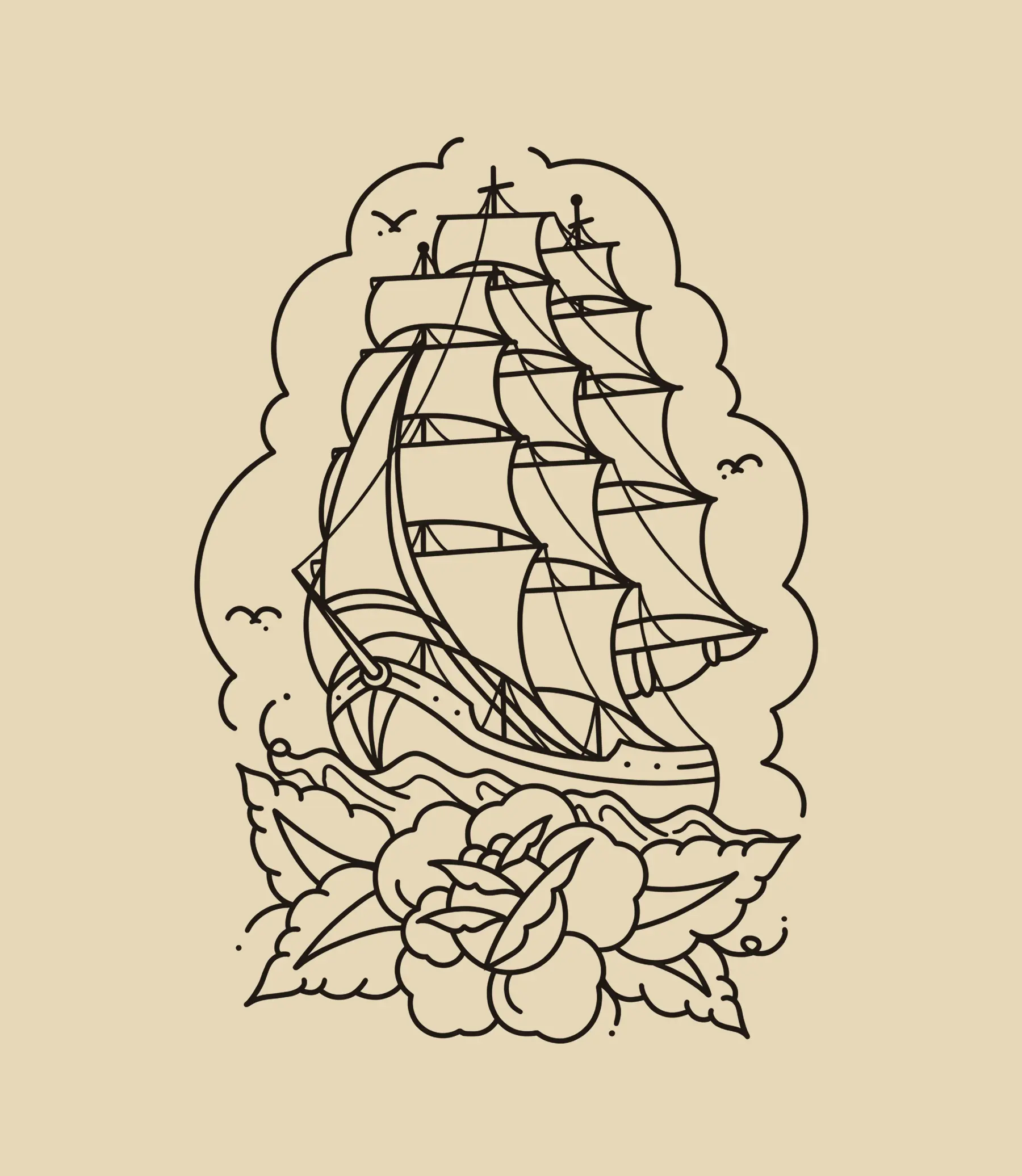 American traditional tall ship tattoo flash, drawn in black linework